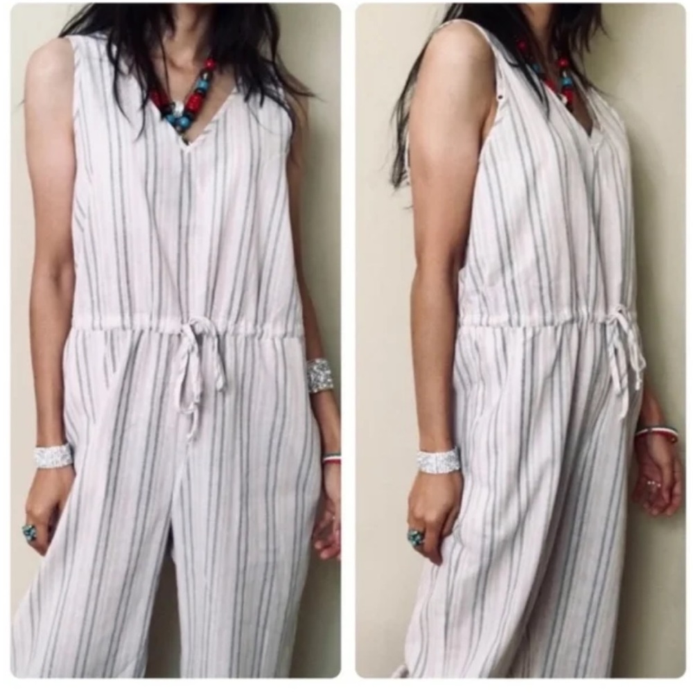 Anthropologie Drew Wide Leg Cropped Striped Jumpsuit Pockets Size Large